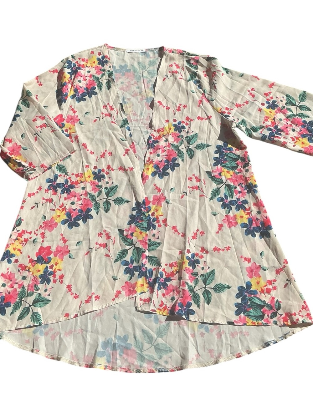 💟PinkMilly Floral Open Front Kimono Cardigan Cover-Up – Cream Multicolor